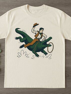 Cowboy Riding Alligator Funny Illustrated Graphic Tee White